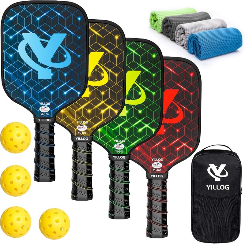 Yilloog Pickleball Paddles, USAPA Approved Pickleball Paddle Set of 4, Fiberglass Surface Pickleball Set, 4 Pickleball Balls, 4 Cooling Towels, Pickleball Bag, Pickle Ball Paddle for Men Women - Image 1